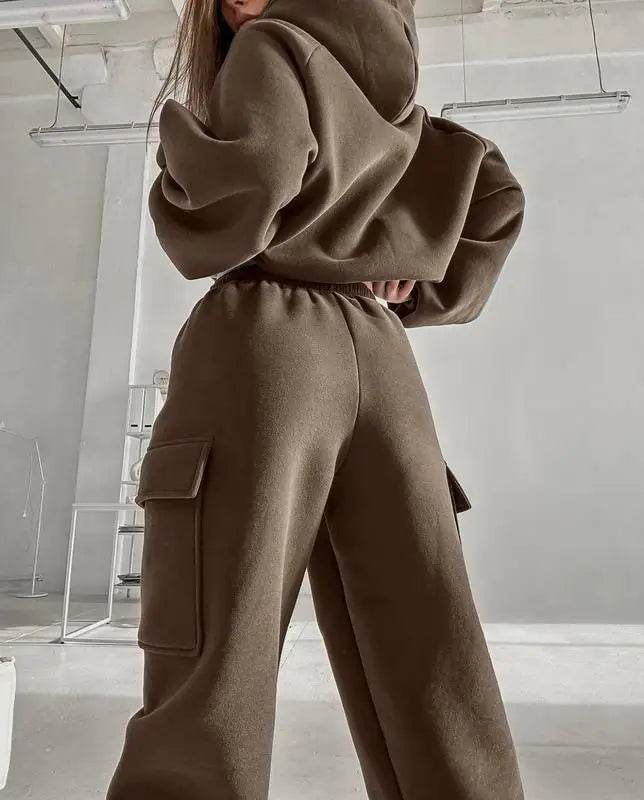 Hoodies Suit Winter Autumn Solid Casual Tracksuit Women Fleece 2 Pieces Set Sports Sweatshirts Pullover Jogger Sweatpants Outfit - AIAZ