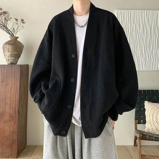2024 New Korean Fashion Cardigan For Men Autumn Solid Color Y2K Streetwear Sweatshirts Man Casual Vintage Loose Jackets Sweaters - AIAZ