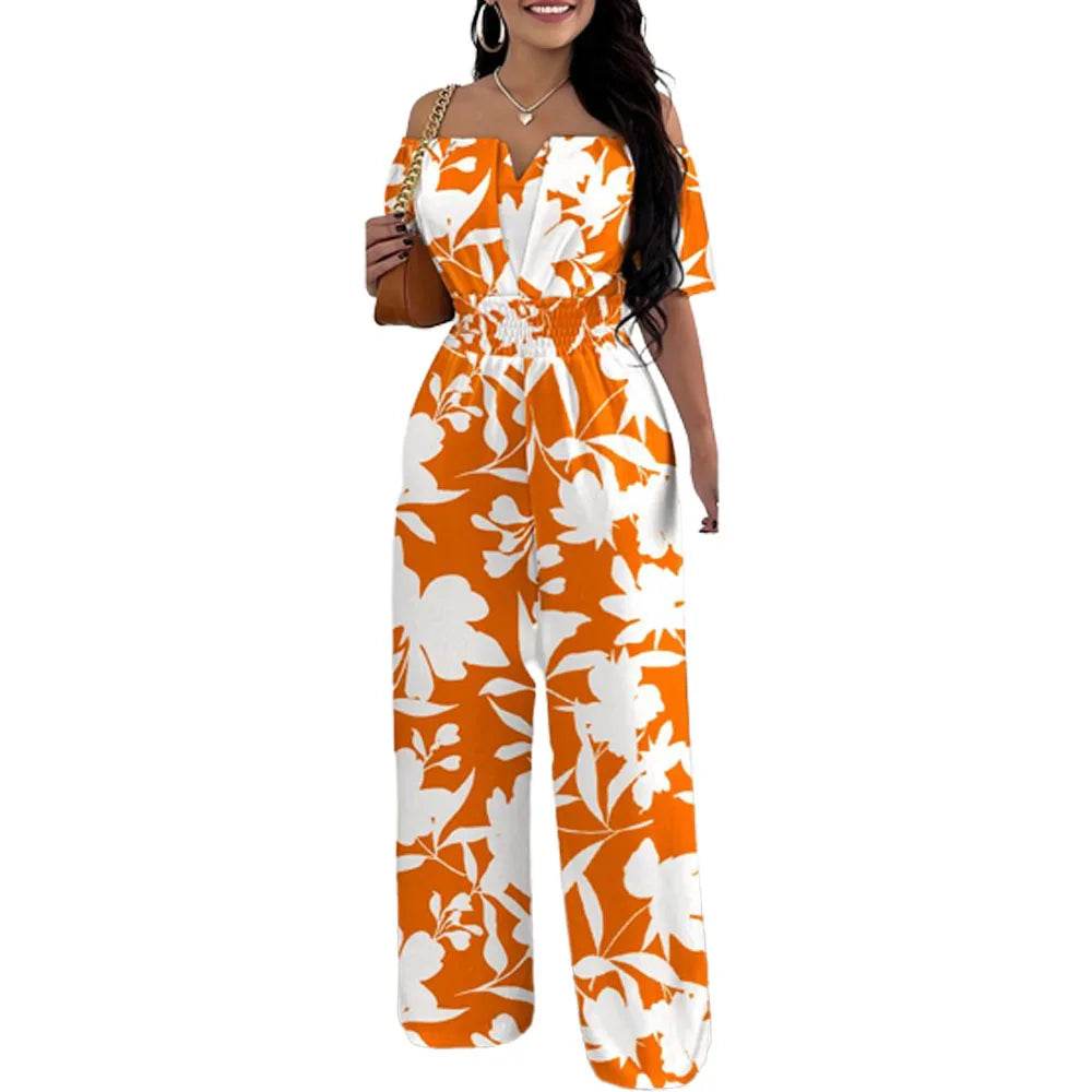 Lady Print High Waist Jumpsuit Sexy Off Shoulder Short Sleeve Wide Leg Pants Jumpsuits Women Fashion Casual Summer Women Clothes - AIAZ