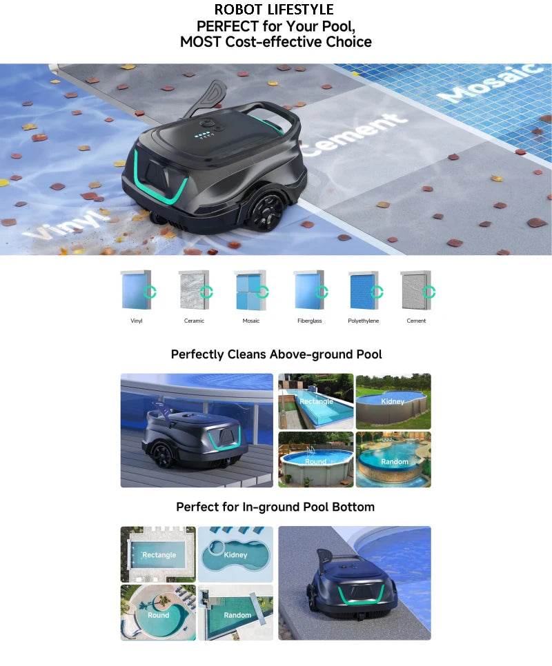 Swimming Pools Vacuum Cleaner Wireless for Floor Smart Cleaning Robot Auto-Parking Dual-layer Filtration120mins Running Time - AIAZ