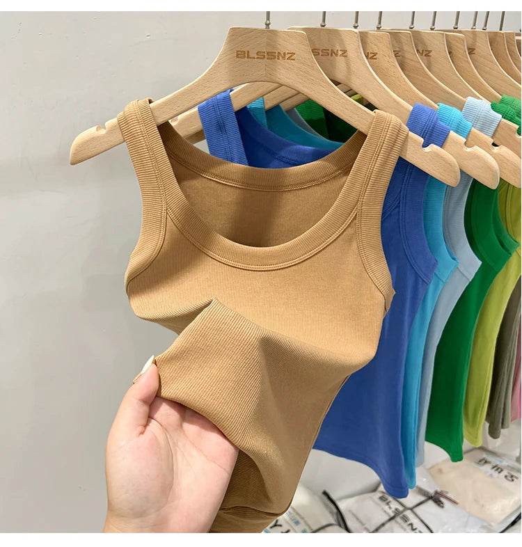 Women Solid Round Neck Ribbed Tank Top Camisole Women 2025 Summer Basic Elastic Tank Top O Neck Solid Tank Top - AIAZ