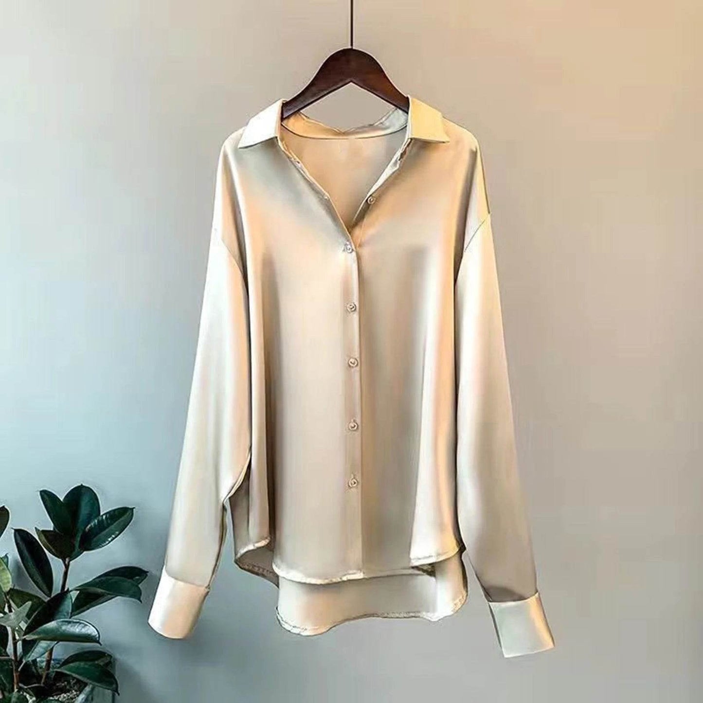 Soft Business Shirt Elegant Silky Satin Women's Spring Fall Blouse with Turn-down Collar Long Sleeve Single-breasted for Formal - AIAZ