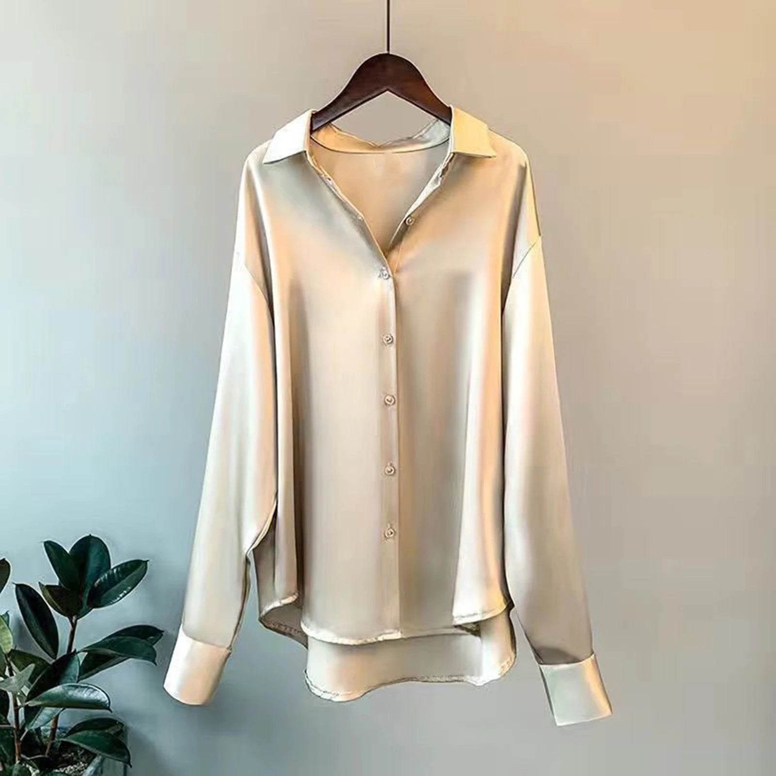 Soft Business Shirt Elegant Silky Satin Women's Spring Fall Blouse with Turn-down Collar Long Sleeve Single-breasted for Formal - AIAZ