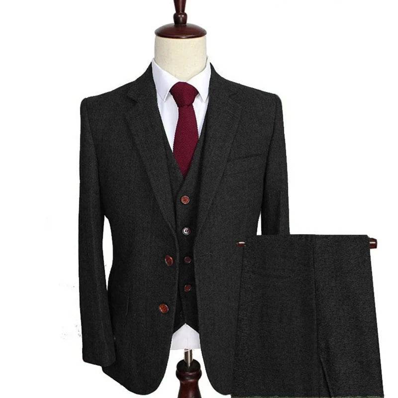 Men Suit 3 Pieces Army Green Tweed Formal Lapel Notch Regular Wedding Groom Banquet Work Tuxedos Set Jacket Vest With Pants - AIAZ