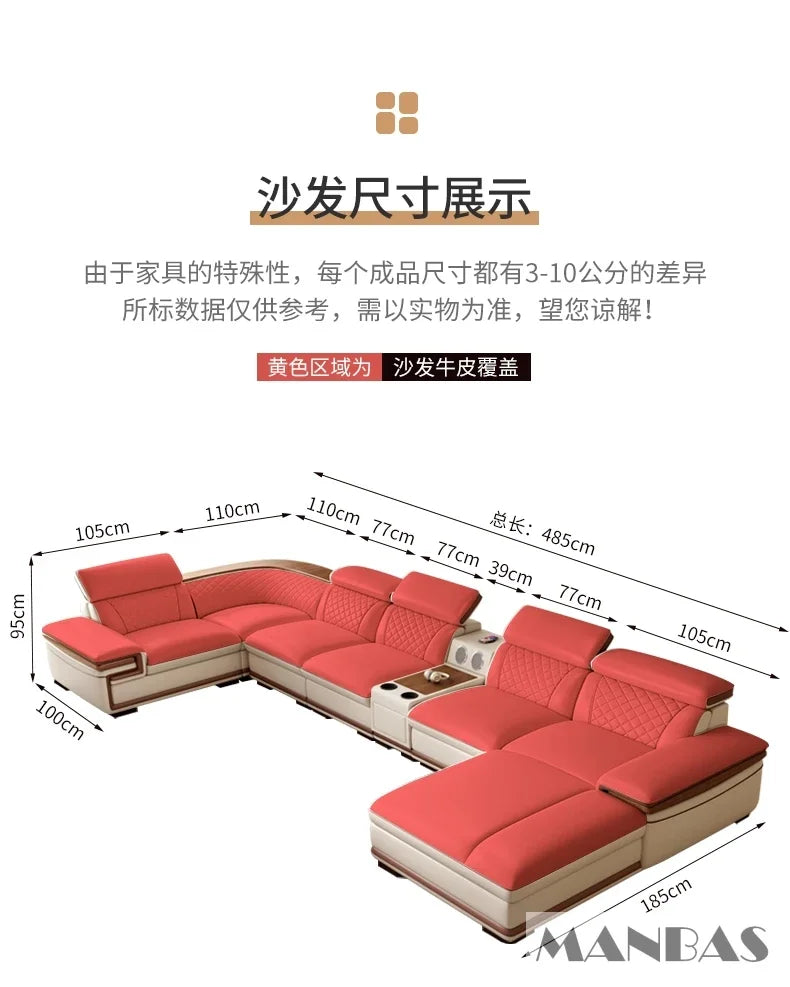 MINGDIBAO Premium Italian Genuine Leather Sofa Set for Living Room with Adjustable Headrests and Built-in Bluetooth Speaker, USB