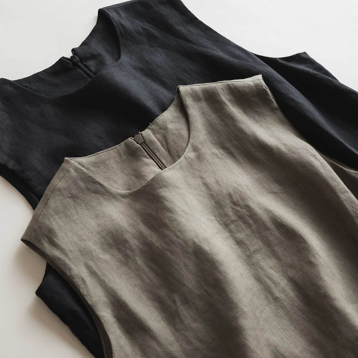 Linen Cotton Sleeveless Long Dress Vintage Slimming A Line Dress For Women Summer Solid O Neck Tank Robe Casual Clothes X1399 - AIAZ