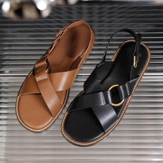 Sandals Woman 2025 New Spring Summer Fashion Comfortable Genuine Leather Flat Elegant Shoes for Women Casual Beach Shoe - AIAZ