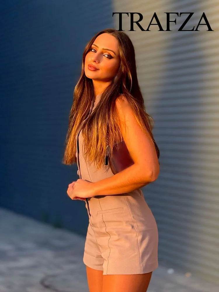 TRAFZA Women Fashion Sleeveless O Neck Slim High Waist Jumpsuits Woman Casual Summer Solid Elegant Single breasted Playsuits - AIAZ