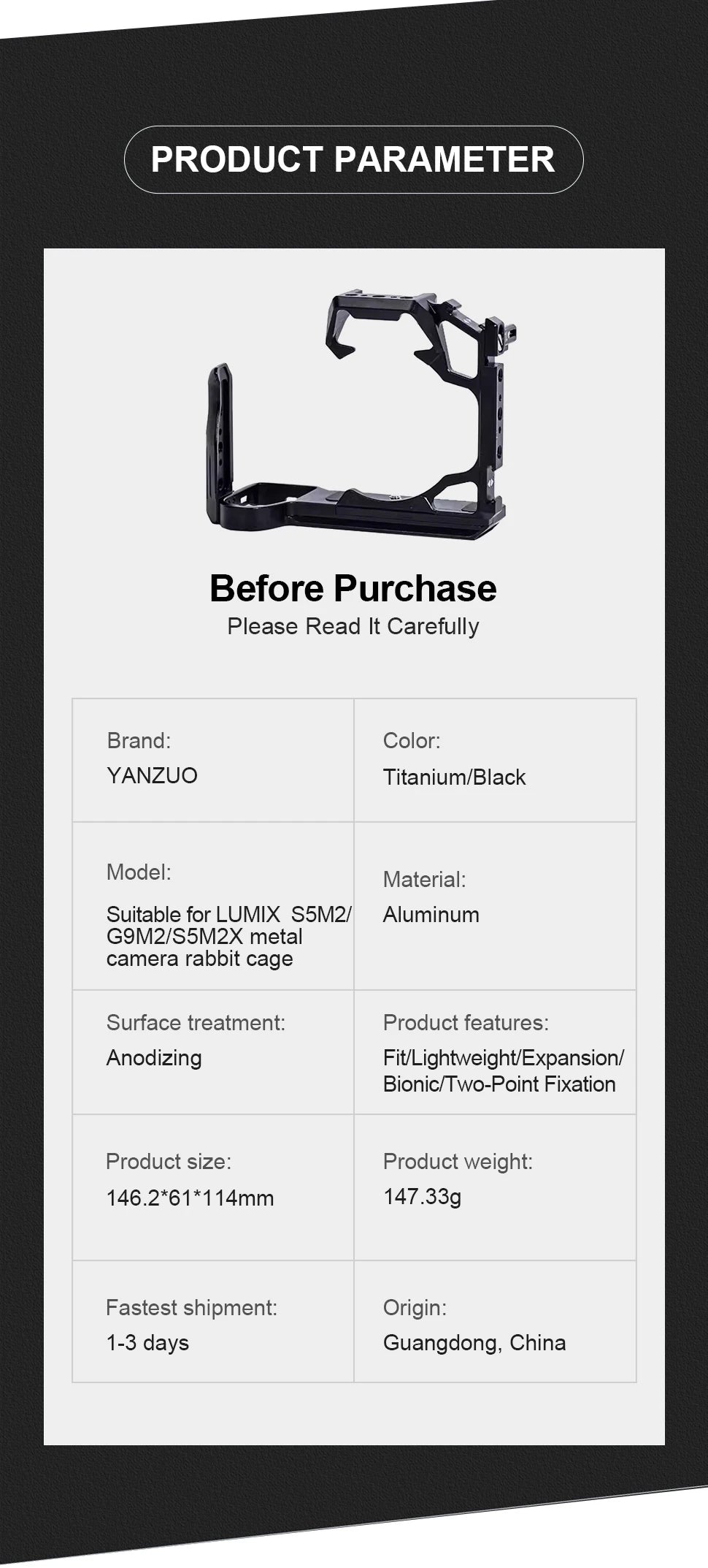 YANZUO Stabilizer Suitable For Panasonic Lumix 5m2 G9m2 Aluminum Camera Protection Frame Kit Suitable S5m2x Camera Rabbit Cage