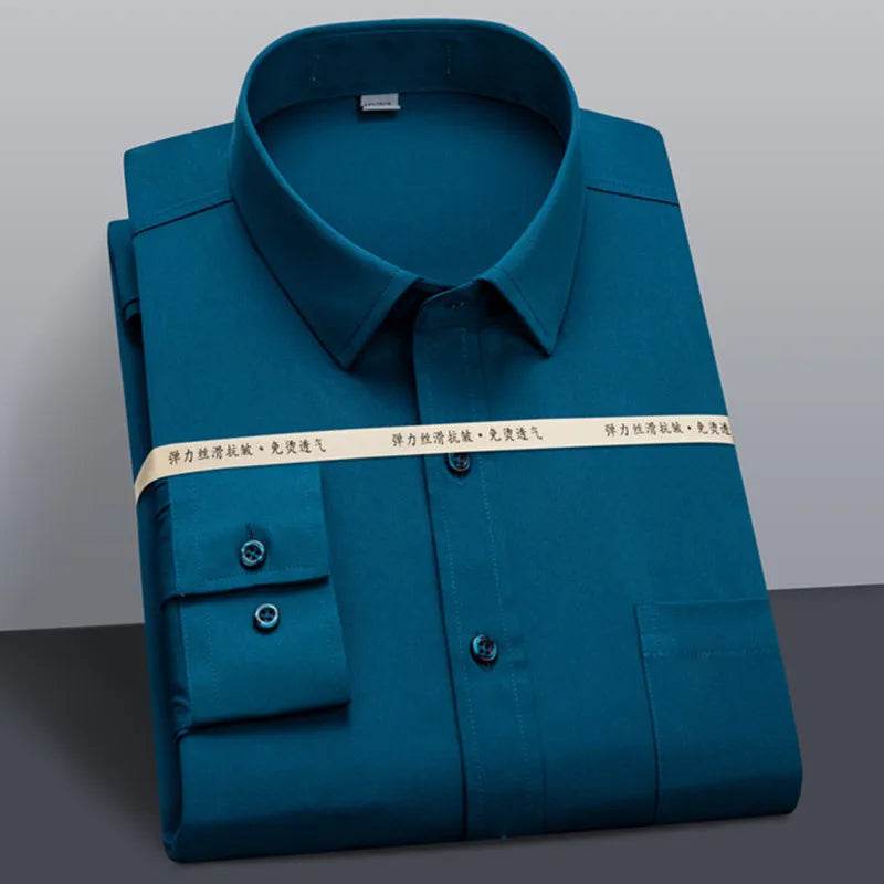 Classic Shirts For Men Long Sleeve Business Causal Stretch Soft Solid Formal Anti-wrinkle Non-iron Navy Party Wedding Blouse 5XL - AIAZ
