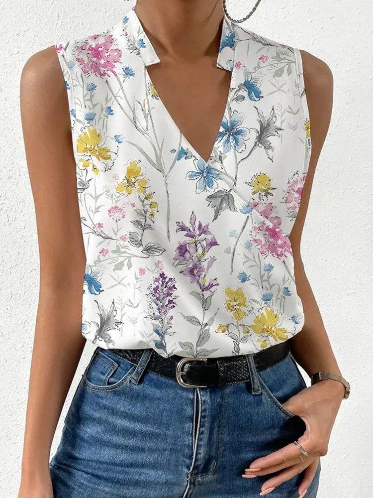 Fashion V-neck Sleeveless Print Women Tops And Blouses 2024 Summer Casual White Tank Top Femme Shirt Top - AIAZ