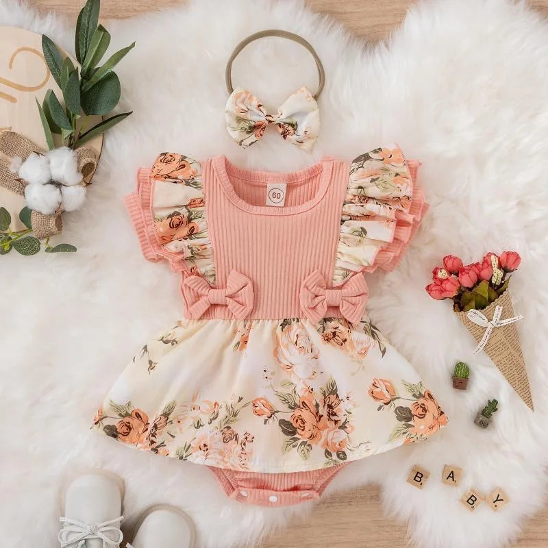Summer Baby Girl Dress With Bowknot headband Striped Jumpsuit Cotton Dress For Newborn Floral Clothes Baby Crawling Clothes