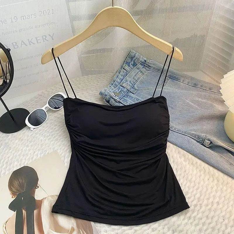 Summer Camisoles Tank Tops Women With Built In Bra Spaghetti Strap Tanks Vest Sleeveless Tees Cropped Top Solid Color Casual Top - AIAZ