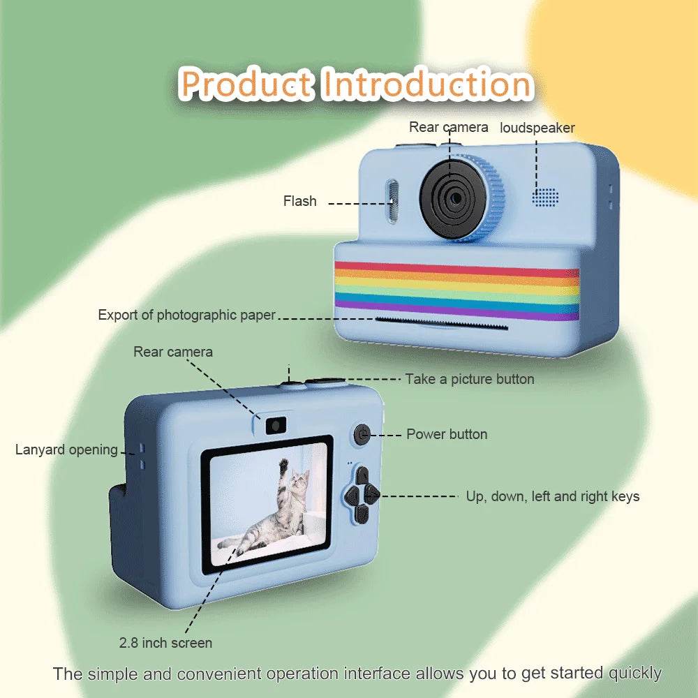 2.8 Inch Large Screen Instant Print Camera, HD Digital Video Camera for Kids, Outdoor Zero Ink Portable Print Toy Camera - AIAZ