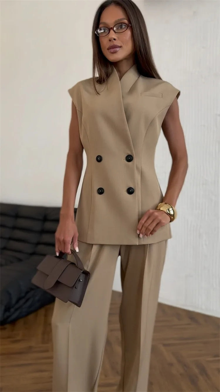 Street Slim Vest Pant Outfit Spring Women Sleeveless Double Breasted Tank Top+High Waist Zip Wide Leg Pants Summer Two Piece Set