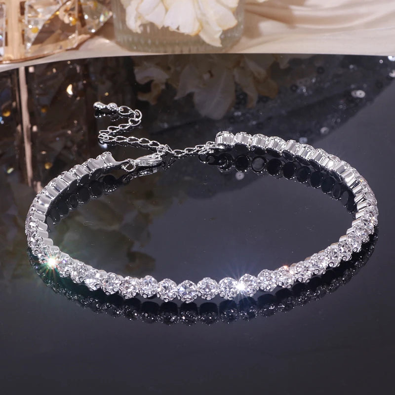 Classic Rhinestone Crystal Choker Necklace Earrings and Bracelet Set for Women Silver Color Bridal Wedding Party Jewelry Sets