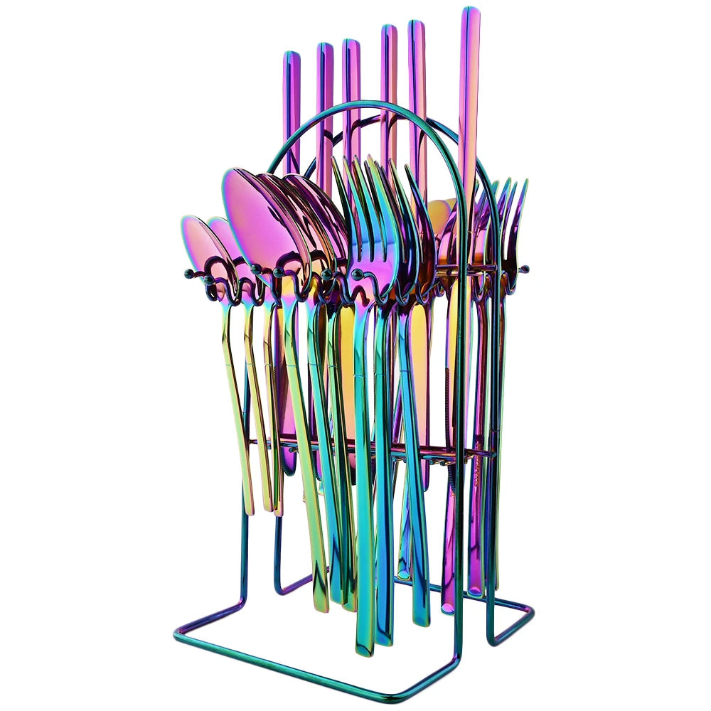 24pcs Knife Fork Spoon Dinnerware Set Rose Gold Tableware Stainless Steel Flatware Kitchen Cutlery Set with Luxury Storage Rack