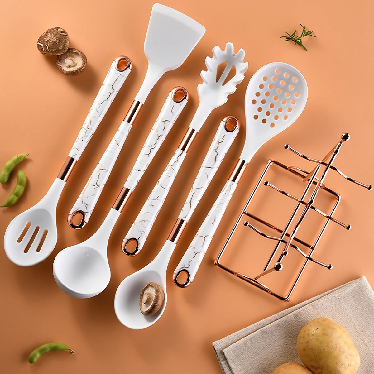 8pcs Silicone Kitchenware Set Pot Shovel Soup Spoon Spaghetti Claw Cooking Set with Storage Rack Household Kitchen Tools Set