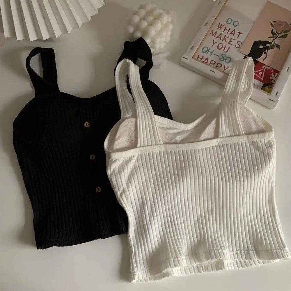 Women's Ribbed Tank Tops Y2K Cropped Tops with Bra Pads Knitted Button Down Suspenders Vest Sexy Camisole Female Short Tops - AIAZ
