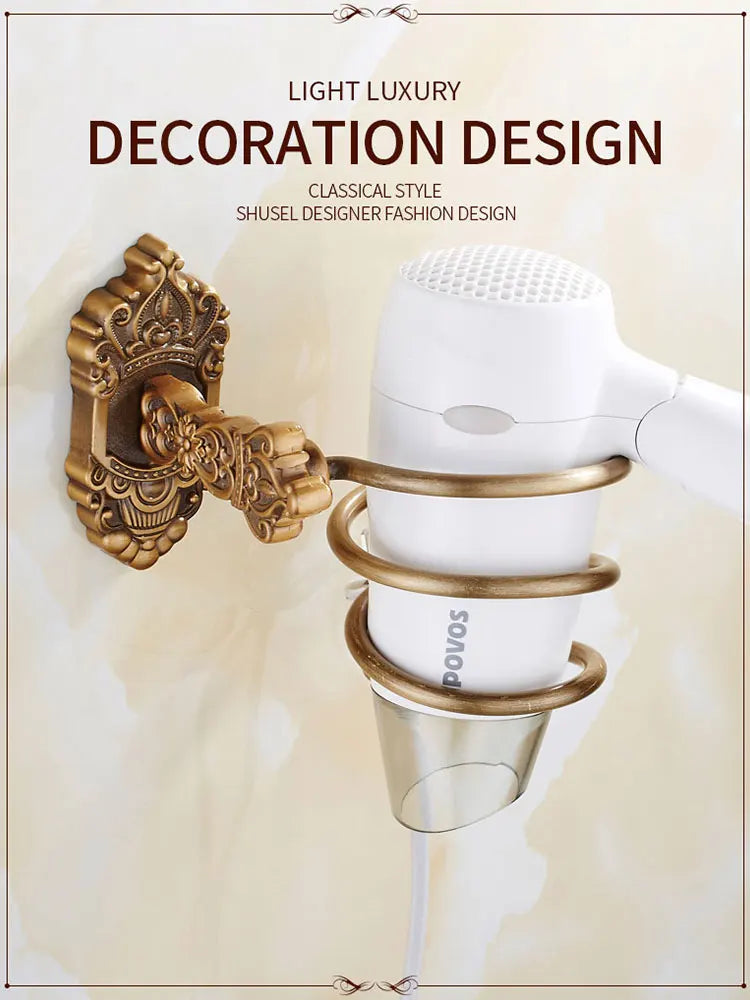 Hair Dryer Holder Aluminum Antique Bathroom Shelf Storage Nail Free Wall Shelf Mounted Organizer Spiral Stand Toothbrush Holder