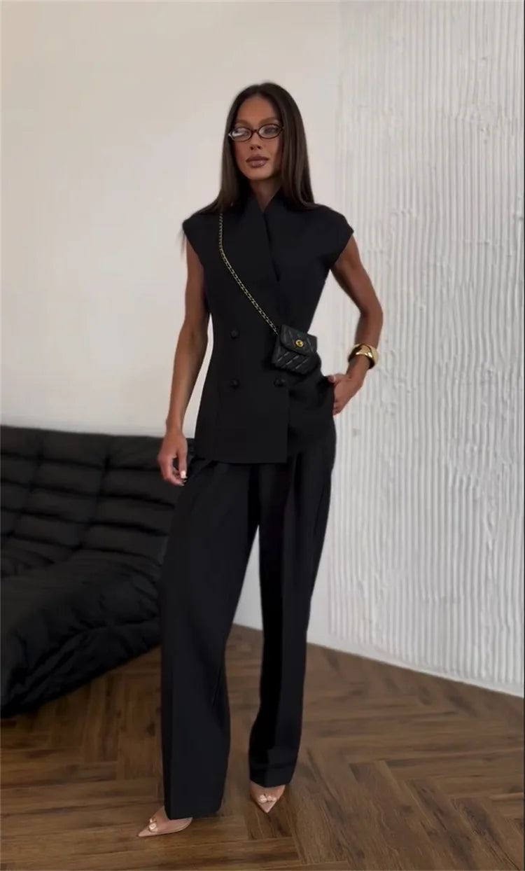 Street Slim Vest Pant Outfit Spring Women Sleeveless Double Breasted Tank Top+High Waist Zip Wide Leg Pants Summer Two Piece Set