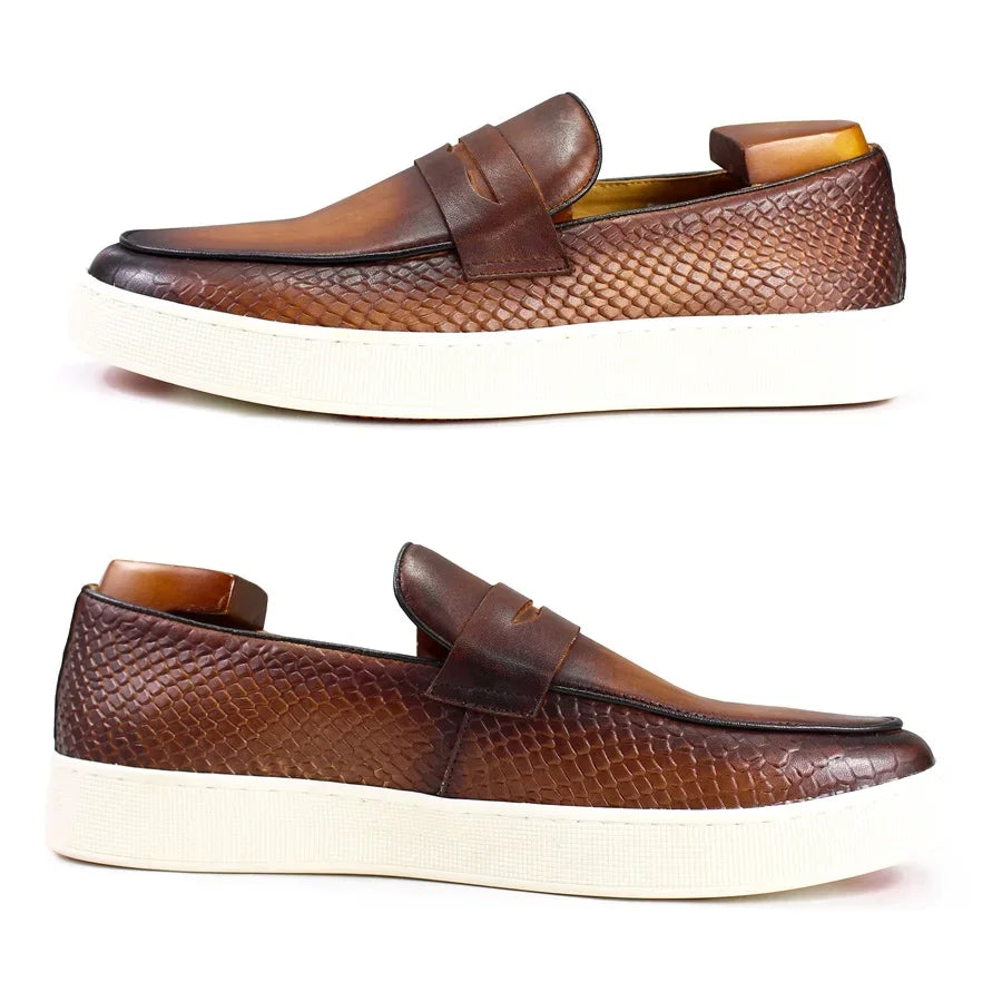 Handmade Genuine Leather Men's Loafers Red Crocodile Pattern Penny Slip-On Dress Flats for Office Wedding Party