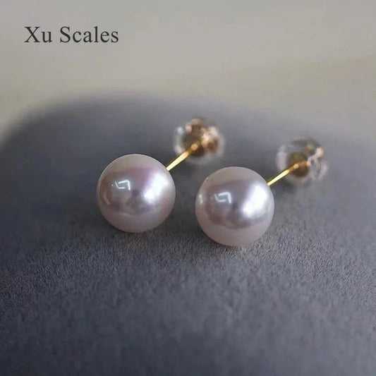 Super Bright Round White Fresh Water Natural AK Pearl Small Bulb Mirror Earrings S925 Sterling Silver Basic Simple Commuting