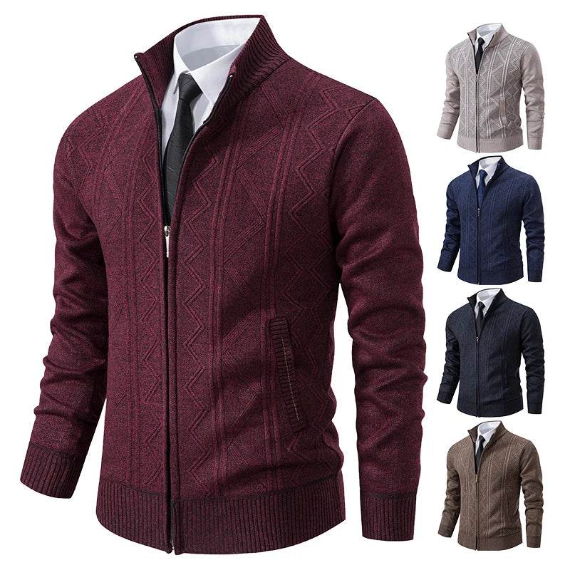 Thickened jacket men's autumn and winter warm trend line stand collar knitted cardigan sweater coat - AIAZ