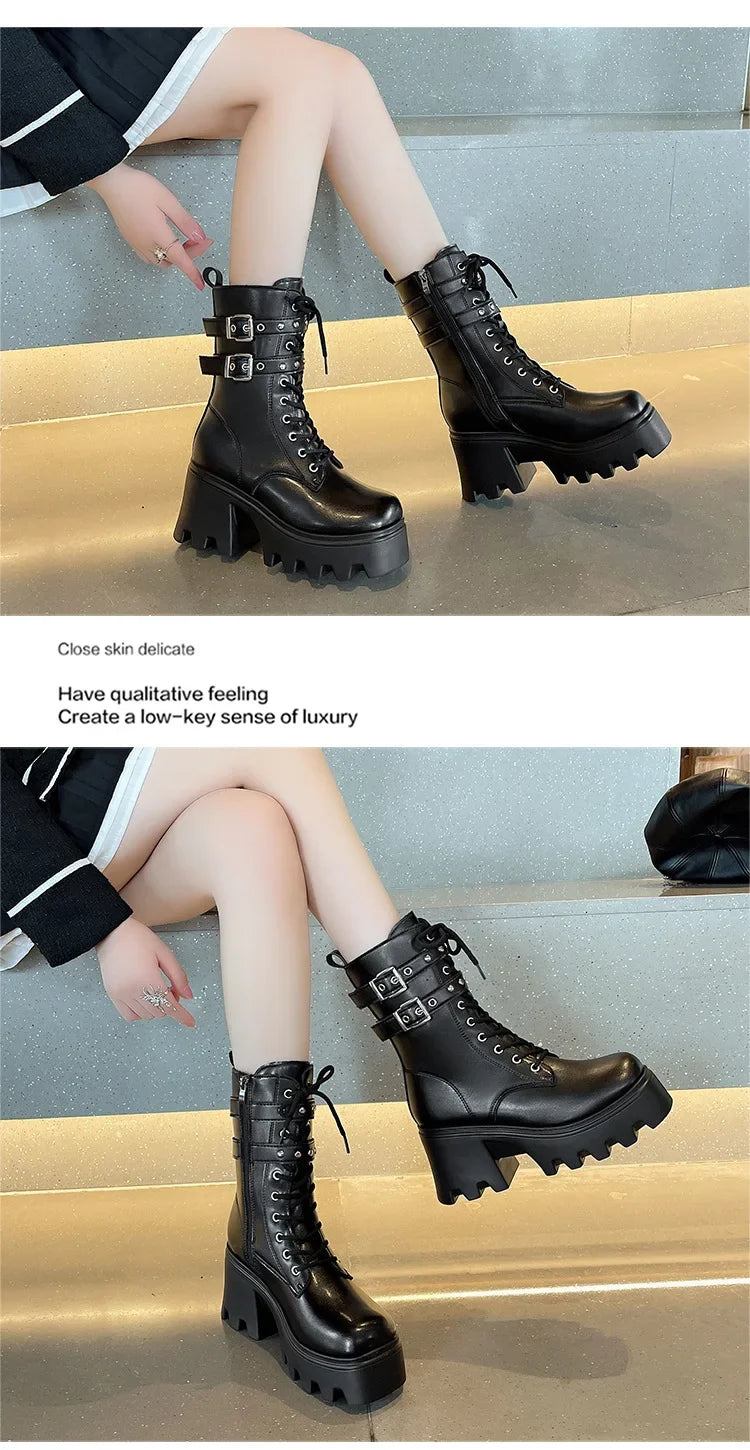 Trend Punk Women's Boots Buckle Platform Boots Mid-calf Gothic Boots for Women Autumn Ladies Motorcycle Boot Pu Leather Shoes