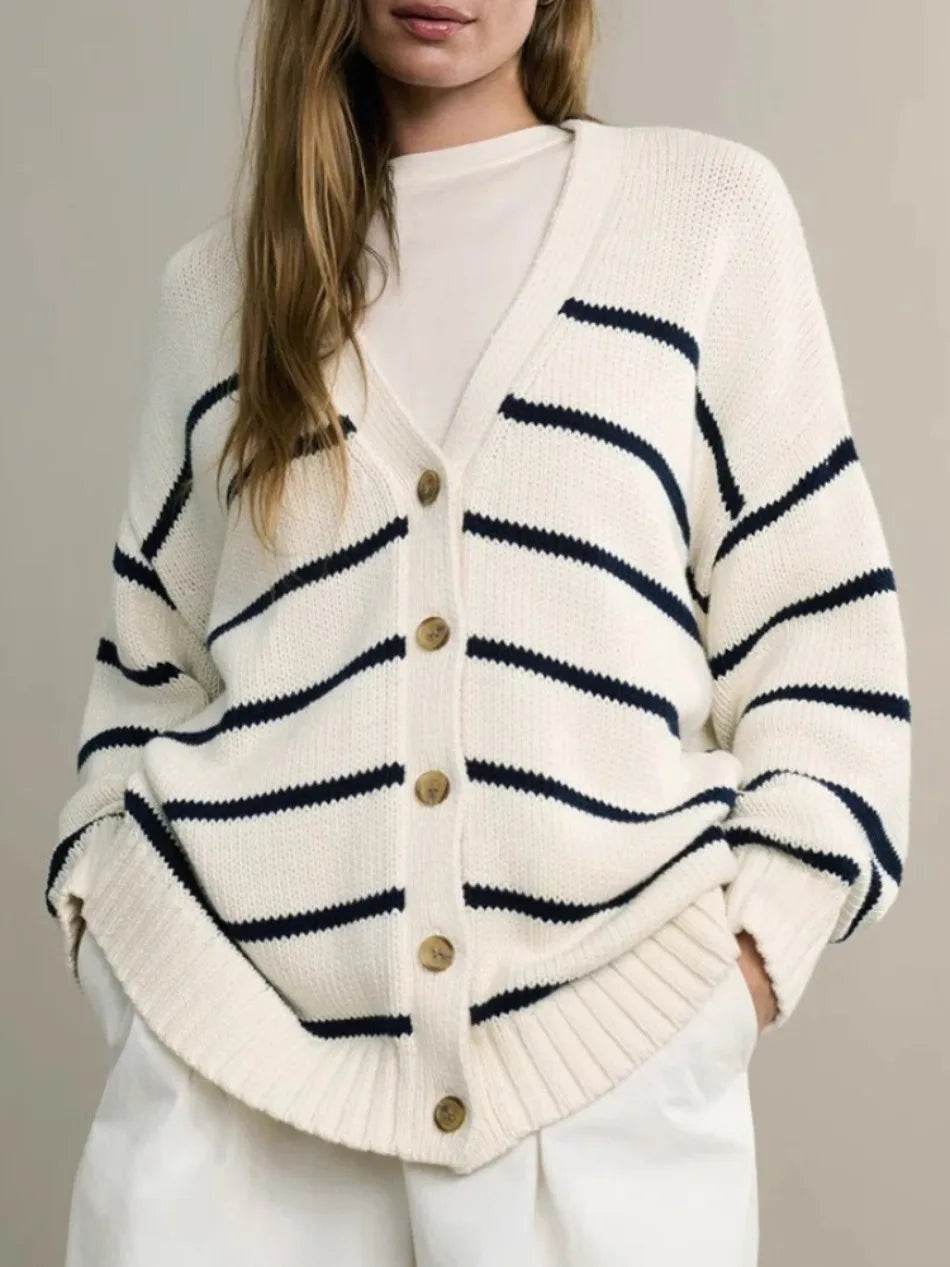 Striped Knitted Cardigan for Women European and American Style New Autumn and Winter 2025 V-Neck Long Sleeve Cardigan Sweater - AIAZ