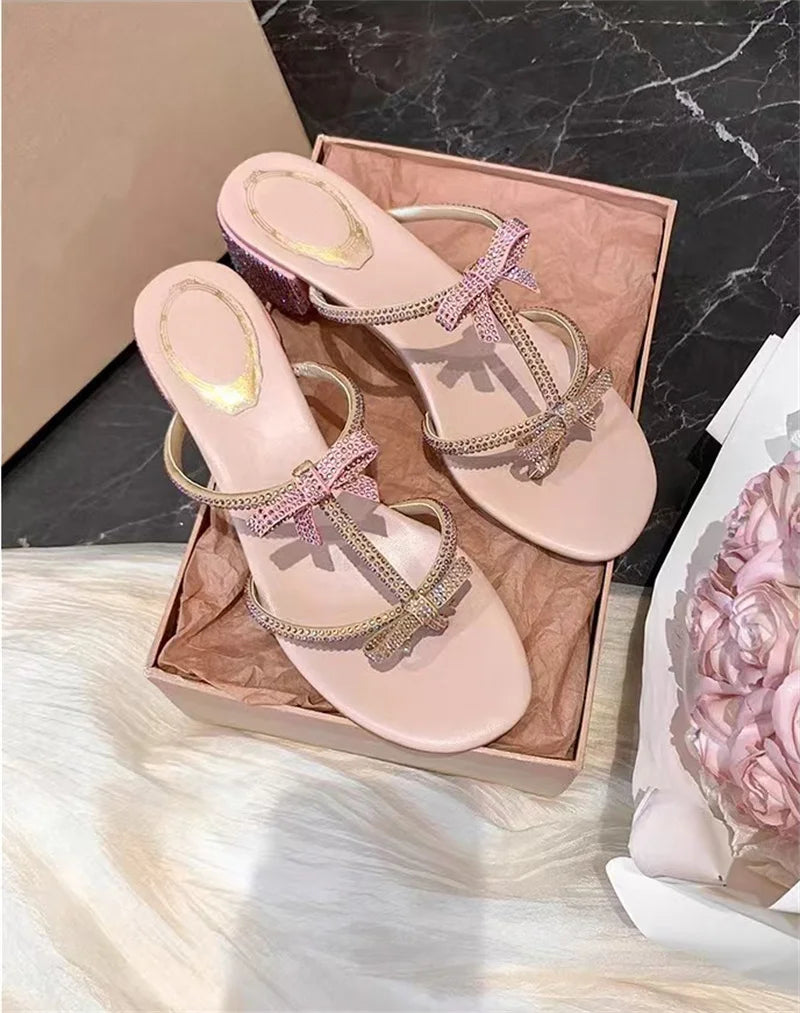 Hlieny Silver Crystal Bowknot Slipper Summer Outdoor Sandal Women Square Low Heel Beach Slip On Flip Flop Slides Shoes Size 40