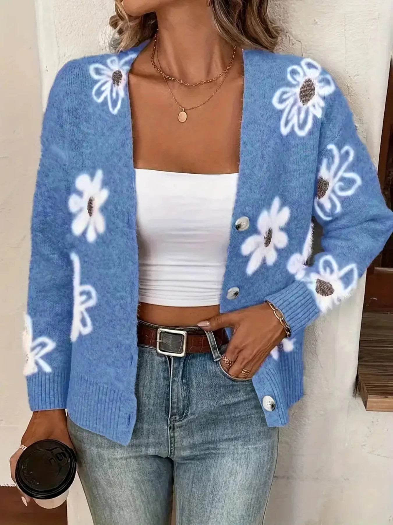 Women's Cardigan Floral Pattern Casual Knit Sweater Elegant Cute Single Breasted Long Sleeve V-Neck Spring Autumn Outwear - AIAZ