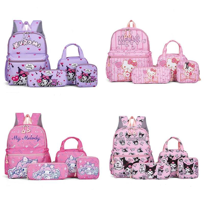 4Pcs School Bag Set For Elementary School Students Cartoon Printed Hello Kitty Kuromi Junior High School Backpack With Pen Bag - AIAZ