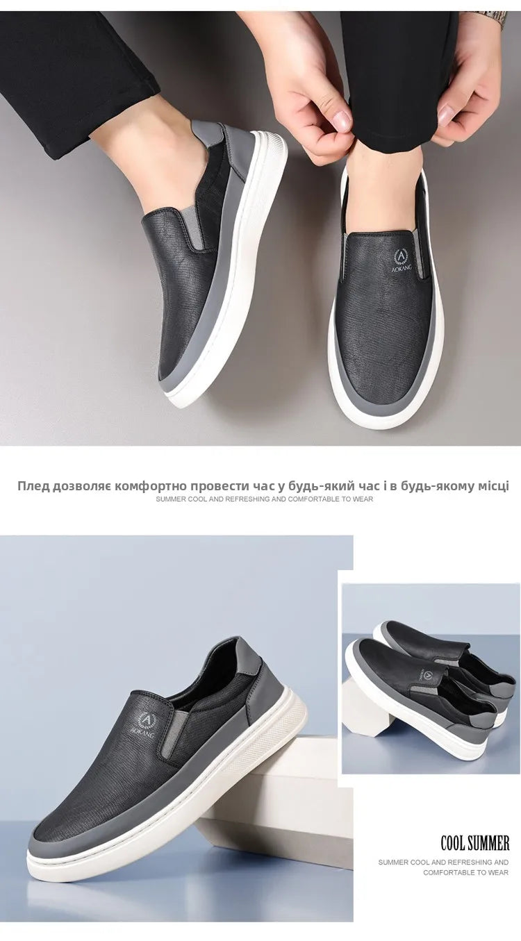 Aokang Men's Slip-On Casual oes Breathable Soft Bot Bean Leather oes Comfortable Rubber Sole Low Heel round Toe