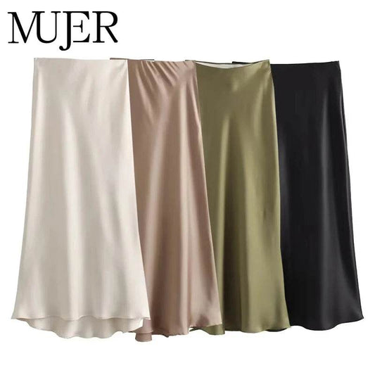 MUJER Woman 2025 Satin Skirt Women High Waist Long Skirts For Women Summer Black Midi Skirt Woman Office Elegant Women's Skirts - AIAZ