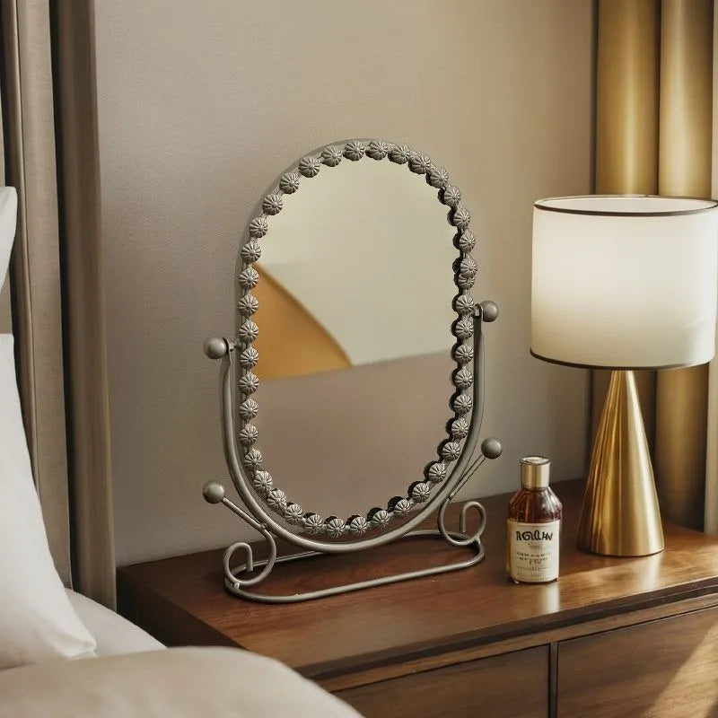 Light Luxury Wrought Iron Vertical Mirror Rotatable Retro Makeup Mirror Bedroom Vanity Mirror Desktop Ornament Photo Props