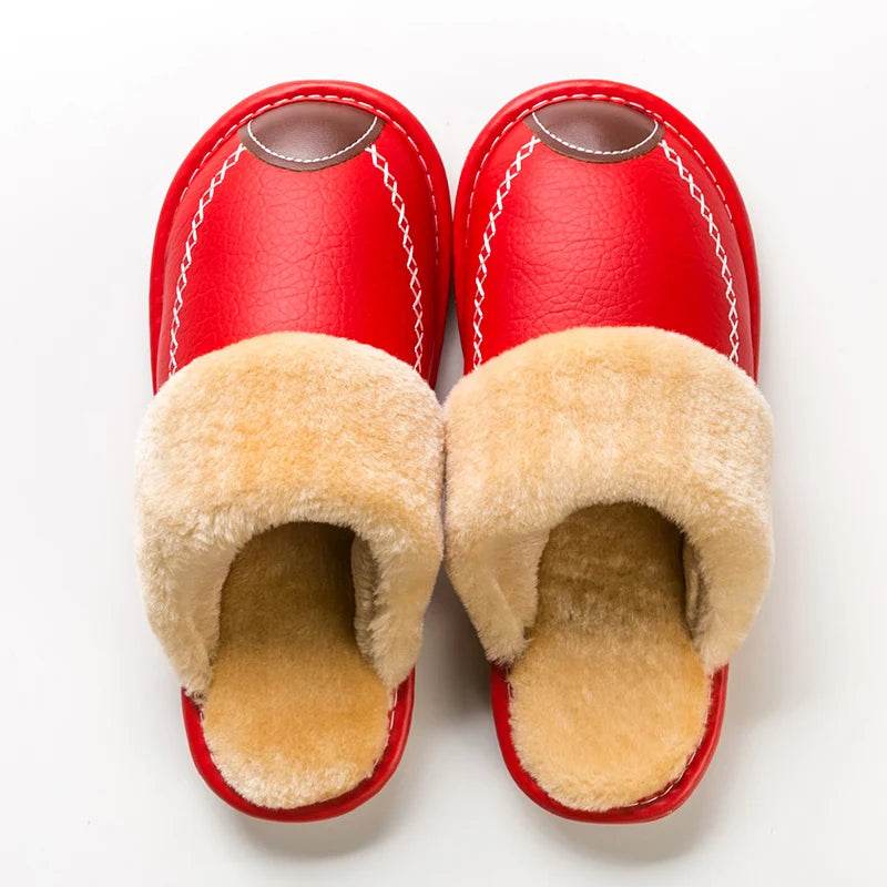 Men Winter Leather Slippers Bedroom Cotton Slippers Male Waterproof Thick Plus Velvet Indoor Warm House Home Slippers Shoes - AIAZ