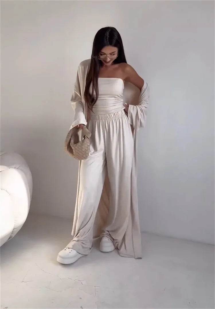 Pants Sets Women Solid Color Loose Long Cardigan Coat Tube Top High Waist Wide Leg Trousers Three Piece Set Casual Lady Suits - AIAZ
