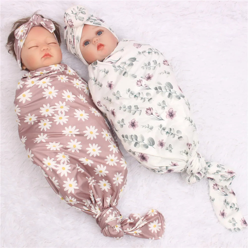 3pc/set Baby Swaddle Wrap New Born Receiving Blanket for Newborn Babies Accessories Soft Floral Headband Hat Bedding Baby Items