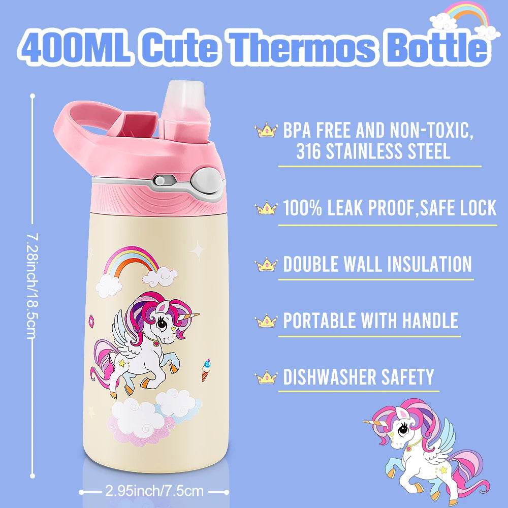400ML Water Bottle for Children,Thermos With Cute Pattern,Children Thermal Bottle , School Kids Water Bottle With Straw BPA Free - AIAZ