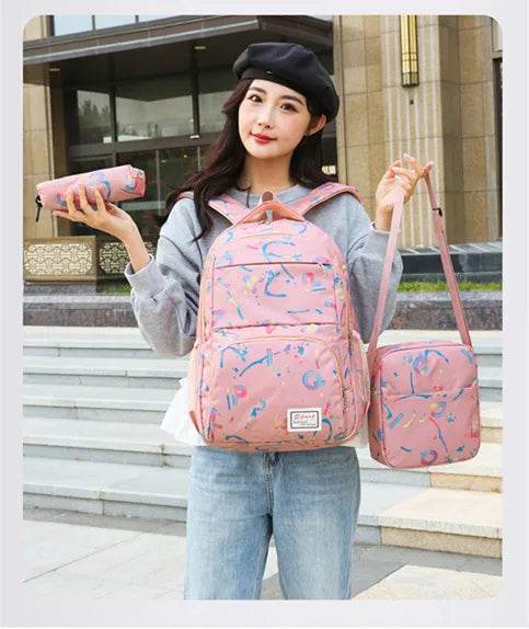 Three piece set of large capacity school backpack versatile letter printed casual backpacks junior high school student schoolbag - AIAZ