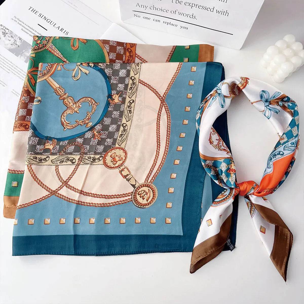 70x70cm Fashionable Korean Style Silk Square Scarf Satin Print Hairband Necktie Hair Accessory Headscarf Versatile Wrap Scarf - AIAZ