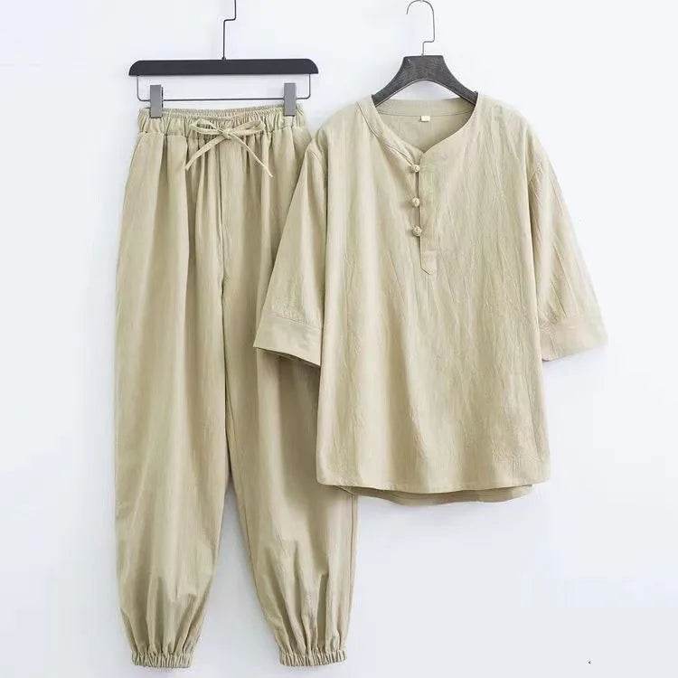New Men's Cotton Linen Sets Chinese Style Solid Short Sleeve Pants Two Pieces Traditional Clothes Kung Fu Uniform Tang Suit Male - AIAZ