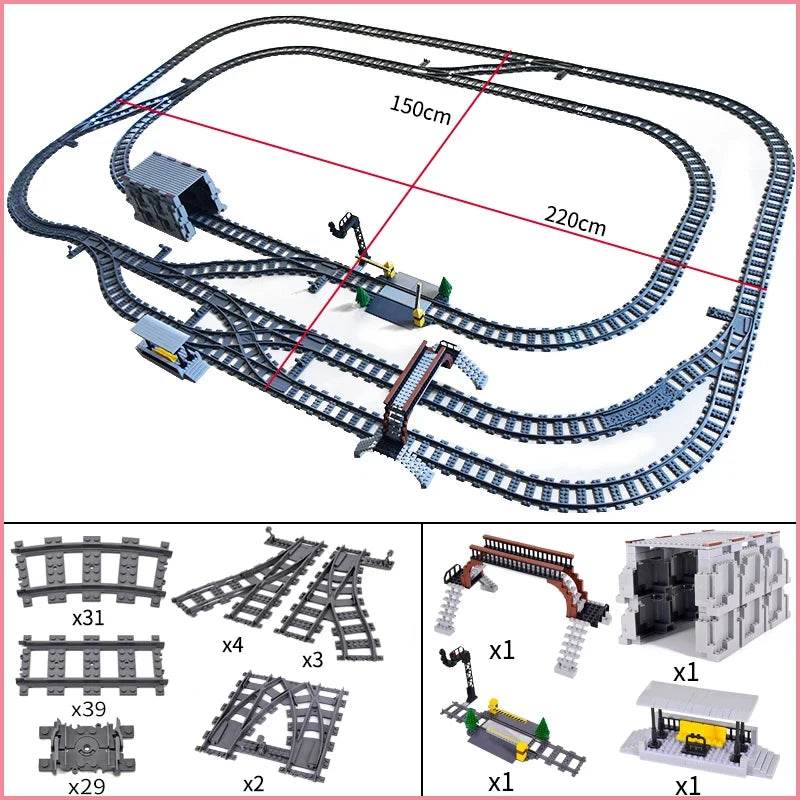 City Train Station Platform Traffic Light Cave Flyover Tracks Straight Curved Rails Building Block Bricks Technican Creative Toy - AIAZ