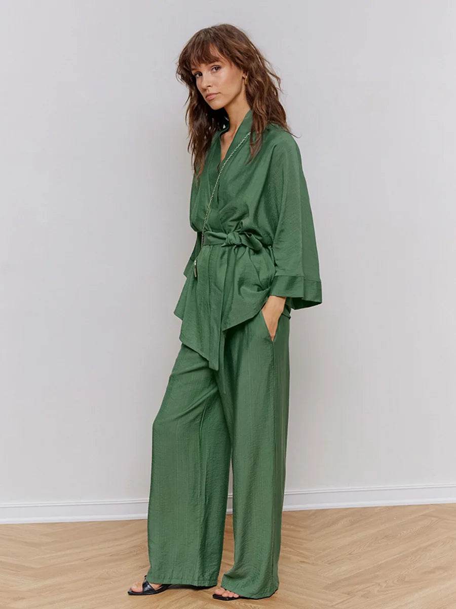 Mozuleva Women's Long Sleeved Pajama Set New Autumn Green Lace Up Pajamas Loose Pants Leisure Home Clothing 2-piece Set - AIAZ