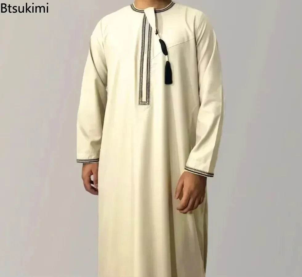 New Men's Muslim Fashion Abayas Dress O Neck Long Sleeve Pullover Kaftan Pakistan Saudi Arab Caftan Islamic Clothing Prayer Robe - AIAZ