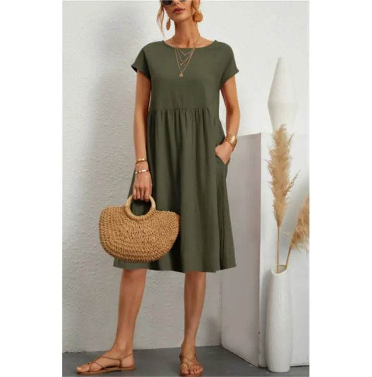 Women's Dresses 2025 Summer Fashion Casual Dresses Women Loose Mid Length Over Knee Dress New Short Sleeve Solid Dress Woman - AIAZ