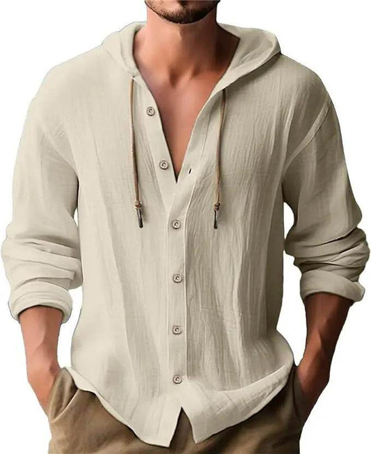 Men's T-shirt Long-sleeved Hooded Cotton Linen Buttons Basic Casual Street Fashion Top Streetwear Tees - AIAZ