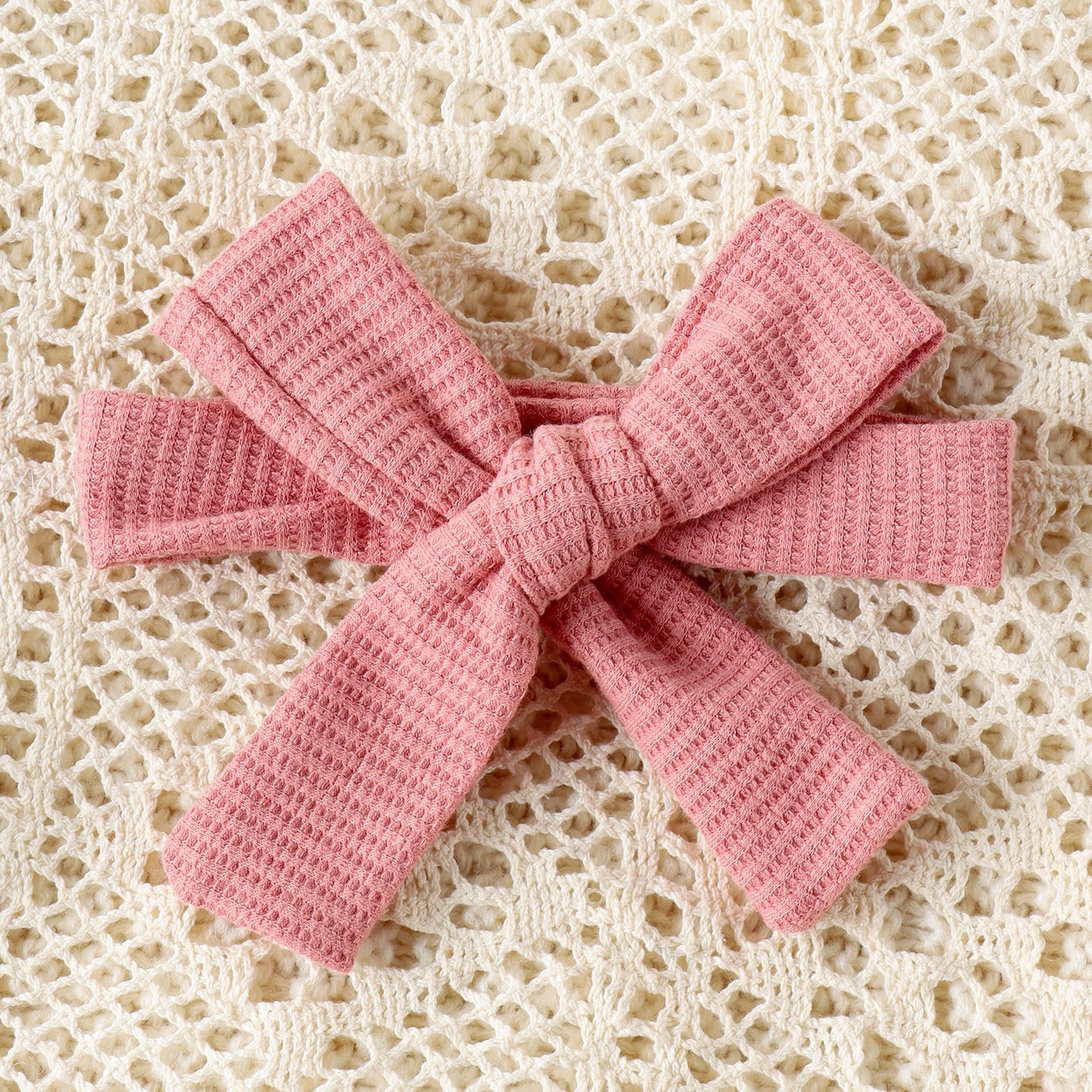 2PCS Autumn New Style 0-1 Year Old Girl Baby Sweet And Cute Solid Color Flying Sleeve Waffle Long-Sleeved Jumpsuit + Hair Band