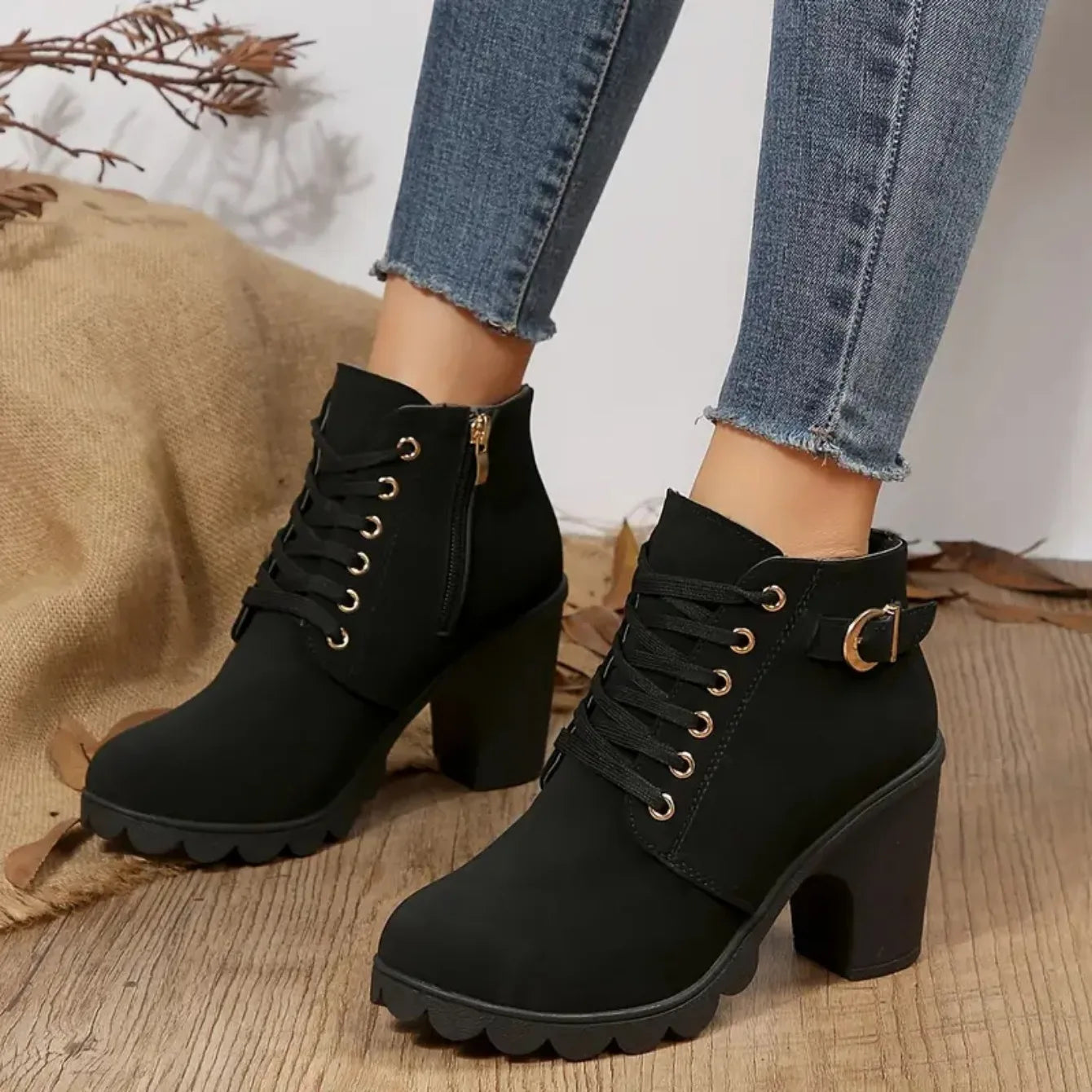 Women Boots Autumn Winter High Quality Boots Lace-up High Heels Shoes for Women Outdoor Fashion Anti-slip Boots Botas De Mujer